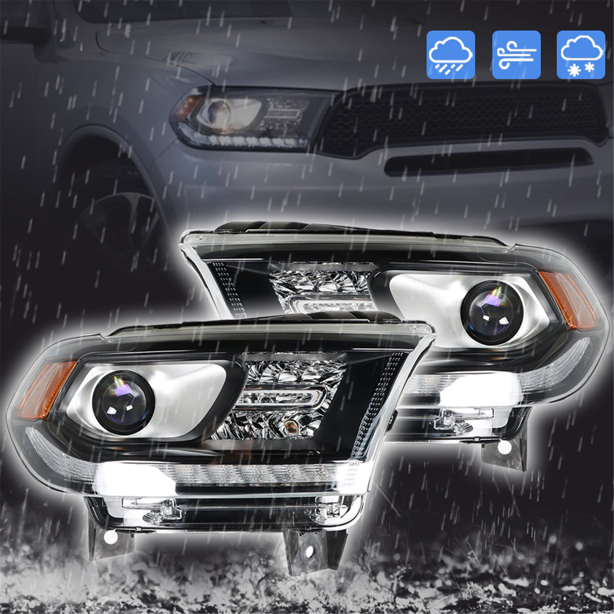 munirater 2-Pack Headlight Assembly Left Right Side Replacement for 2016-2020 Durango Black Halogen Projector Headlamps