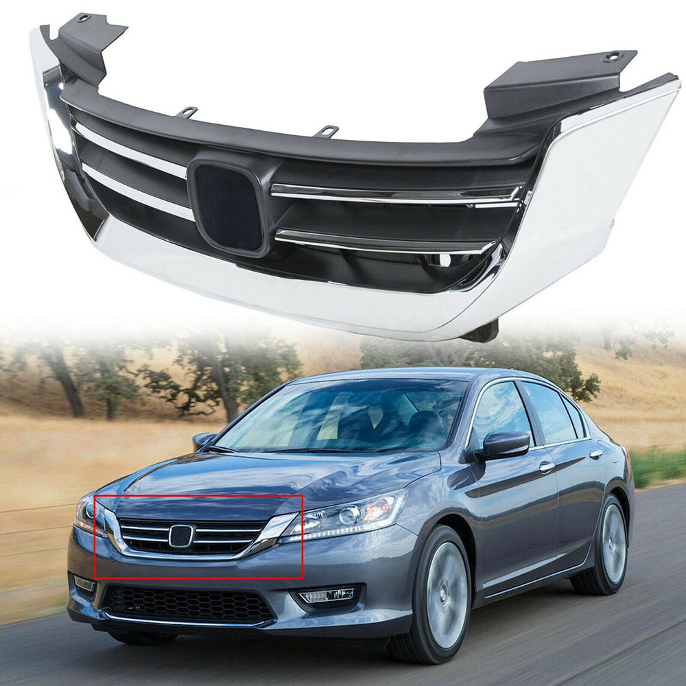 munirater Front Bumper Upper Grille Chrome & Black Replacement for 2013-2015 Accord 4 Door