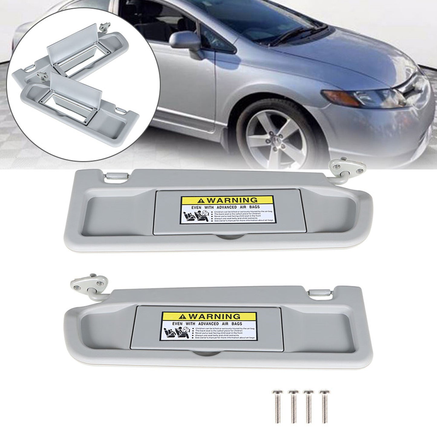 munirater Left & Right Gray Sun Visor with Light Mirror Shade Visor Set Replacement for 2006-2008 Civic 83280-SNA-A01ZC 83230-SNA-A01ZC