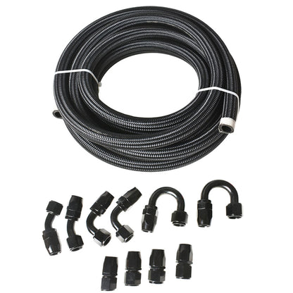 munirater 10AN 20FT Nylon Stainless Steel Braided Fuel Line with 10Pcs Swivel Hose End Fitting Kit (Black)