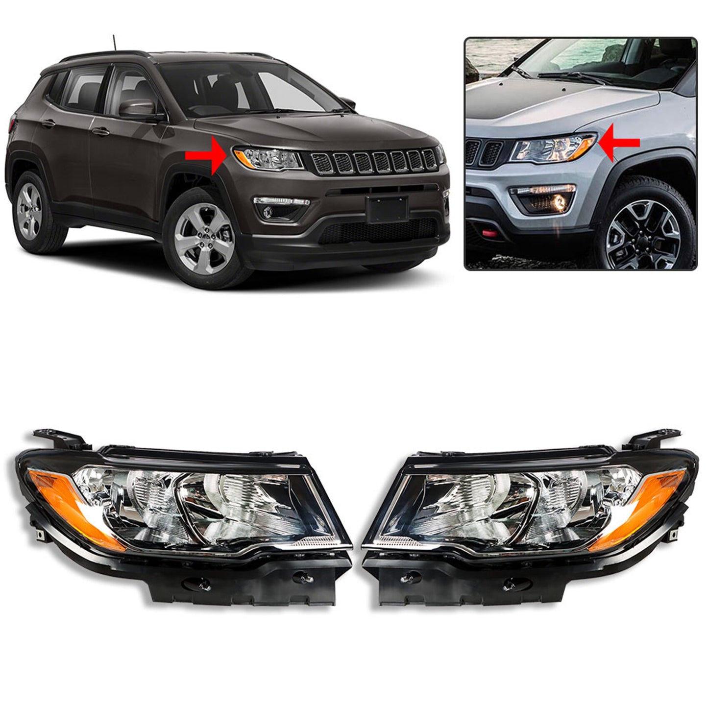 munirater Headlights For 2017-2020 Jeep Compass Clear Lens Halogen Right&Left Side