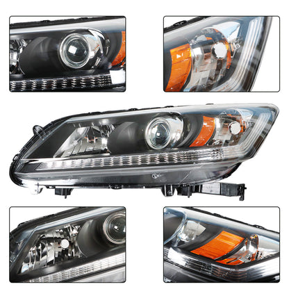 Black Housing Projector Headlight Assembly Driver Side Replacement for 2013-2015 Honda Accord 4-Door Sedan Halogen Headlight Headlamp