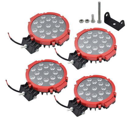 munirater 4-Pack 7?51W LED Pods Work Light Bar, 5100LM Red Round Spot Pods Light Road Driving Lights Beam Off-road Light Fog Bumper Roof Light for SUV ATV Truck Boat Tractor