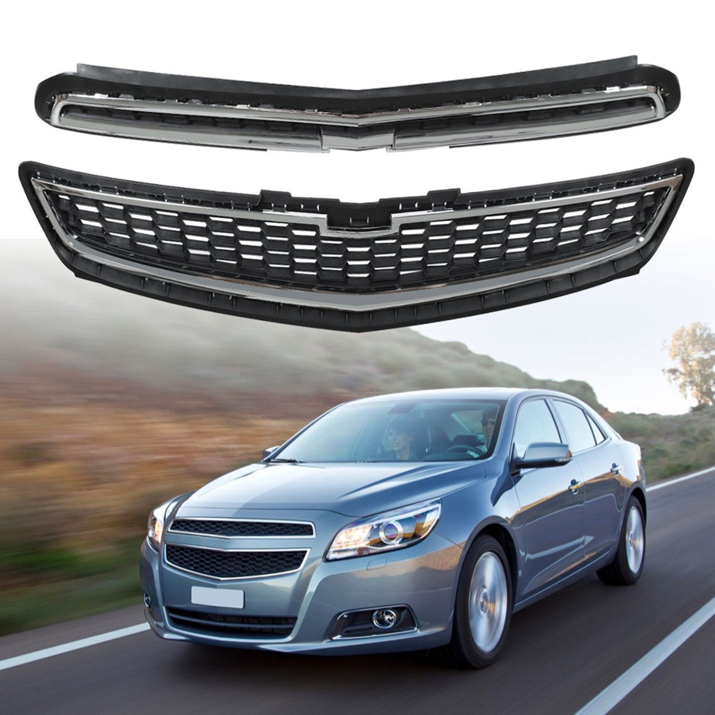 munirater 2PCS Front Bumper Upper Lower Grille Black Chrome Replacement for 2013 Malibu LS LT 20768837 20768835