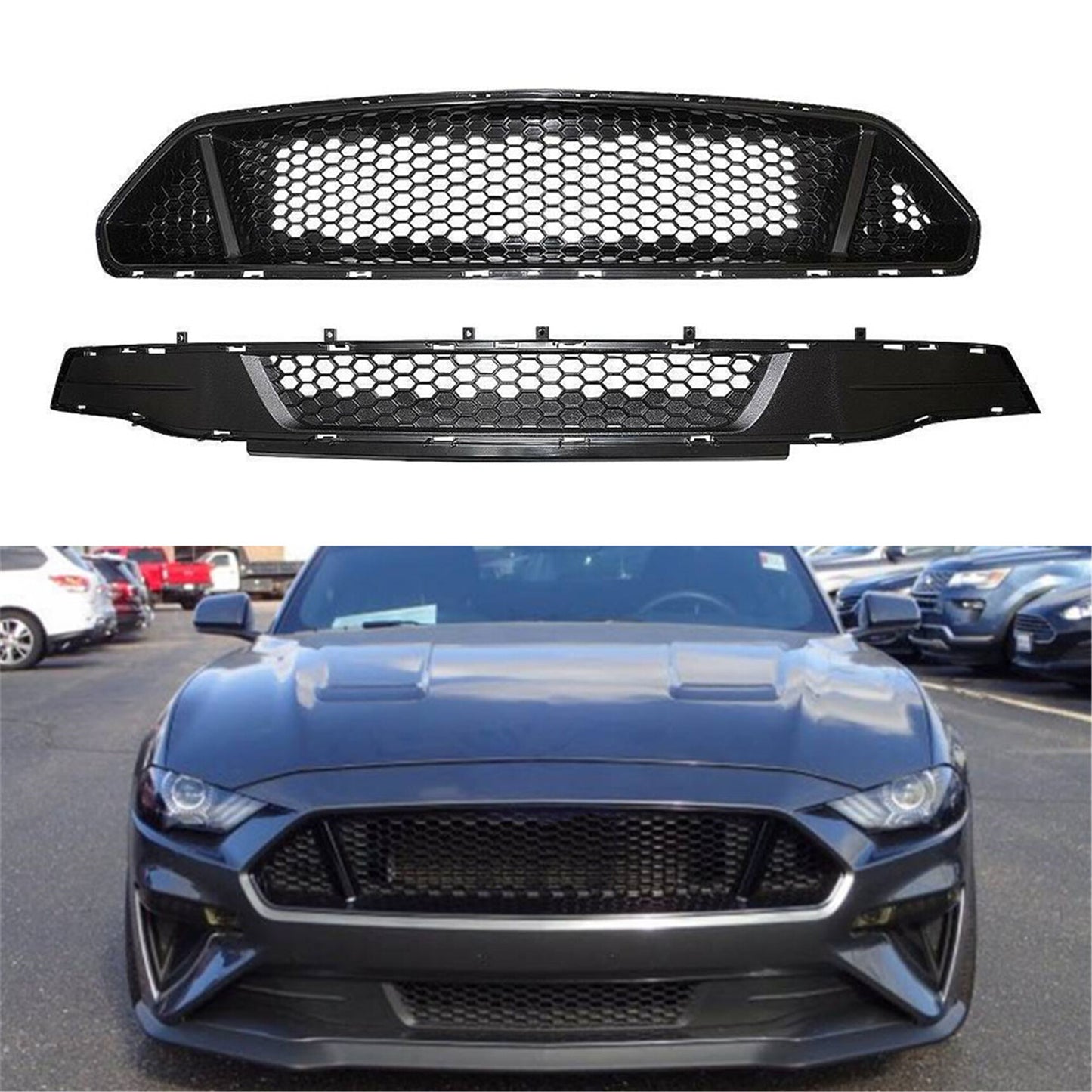 munirater Upper Lower Front Hood Bumper Grille Honeycomb Black Replacement for 2018-2021 Mustang