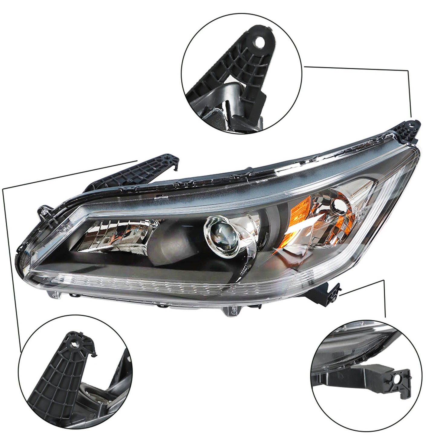 Black Housing Projector Headlight Assembly Driver Side Replacement for 2013-2015 Honda Accord 4-Door Sedan Halogen Headlight Headlamp