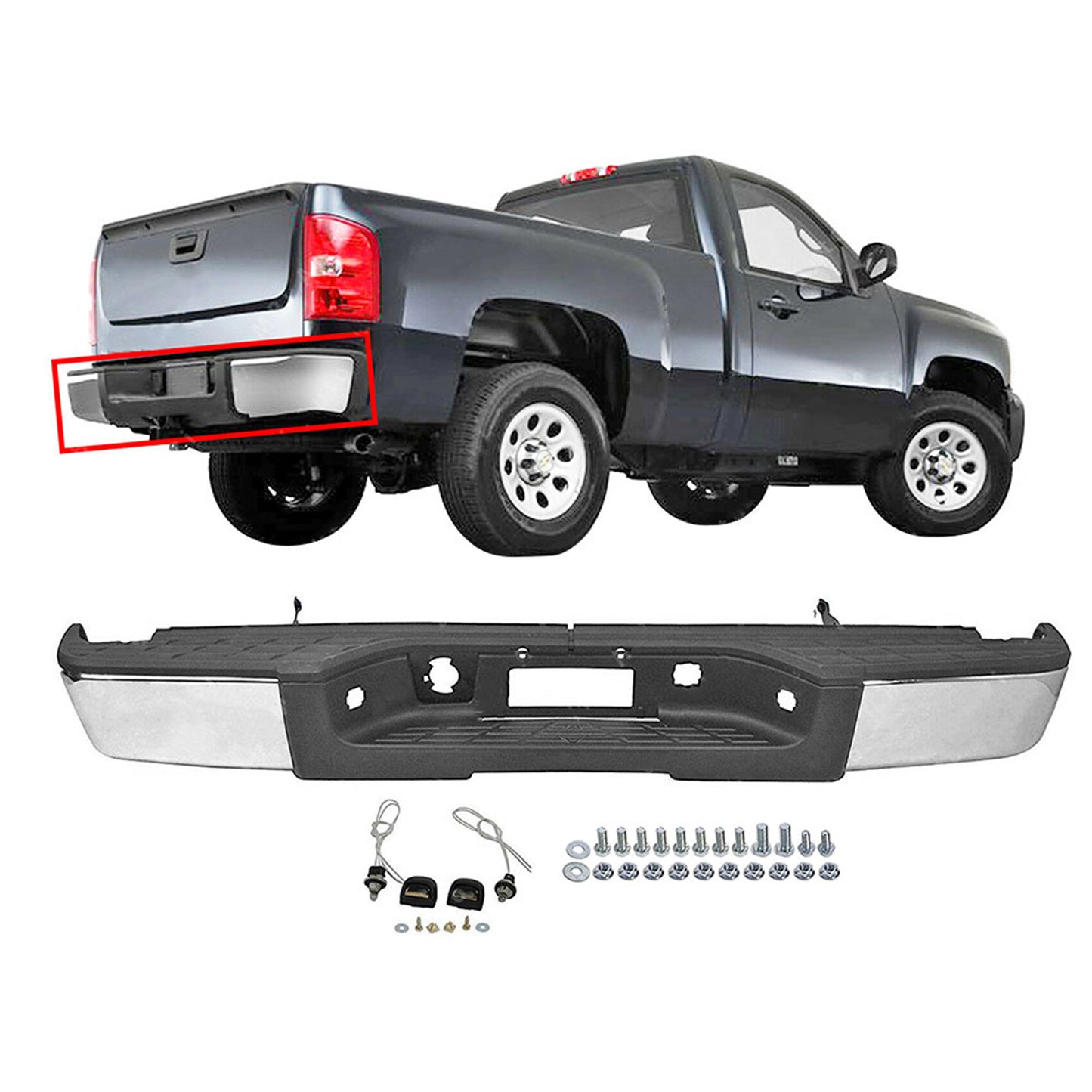 Rear Step Bumper Assembly Chrome Steel w/o Sensor Hole Replacement for 2007-2013 Silverado Sierra 1500 Truck