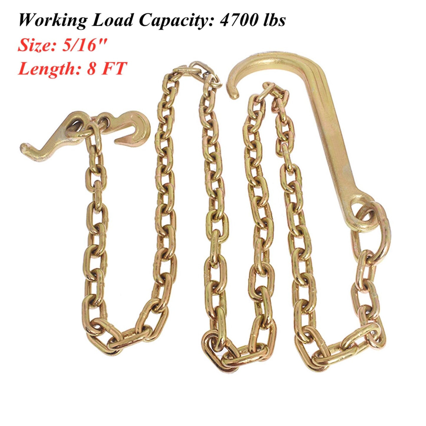 munirater 5/16 x 8 FT Grade 70 Tow Chain 15 J Hook and T Hook Mini J Hook Recovery Wrecker Axle Tow Truck Chain