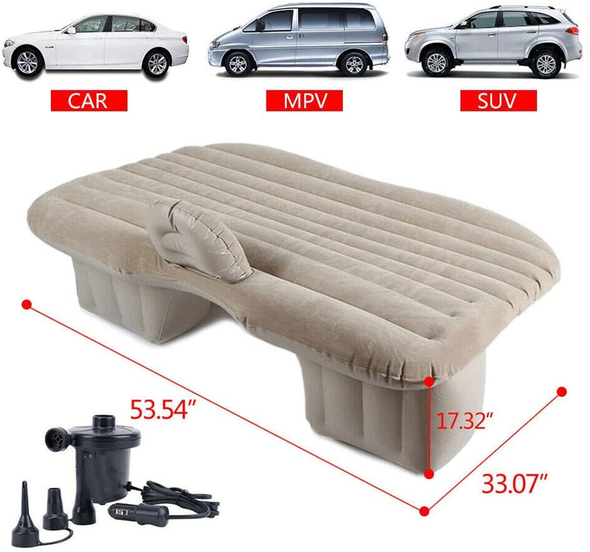 munirater Vertical Beige Portable Car Travel Inflatable Air Mattress with Back Seat Portable Bed Pillow