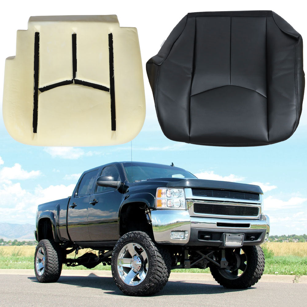 munirater Leather Driver Side Bottom Seat Cover & Foam Cushion Replacement for 2003-2006 Silverado Black