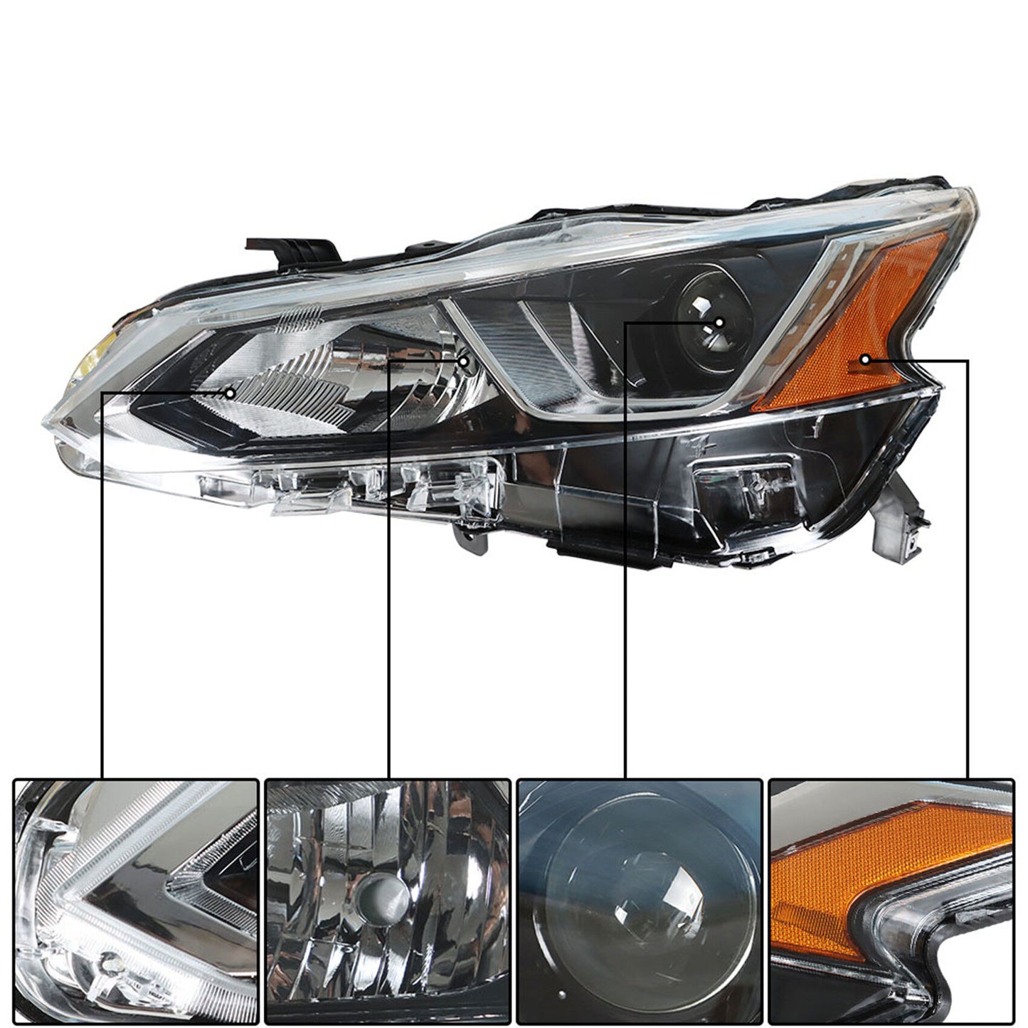 munirater Driver Side Chrome Projector Headlight Assembly Replacement for 2019 2020 Nissan Altima, Replaces Halogen Headlight w/o LED 26060-6CA0A