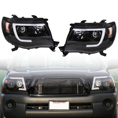 munirater Black Headlamps For Toyota Tacoma 2005-2011 Clear LED Tube Projector Headlights