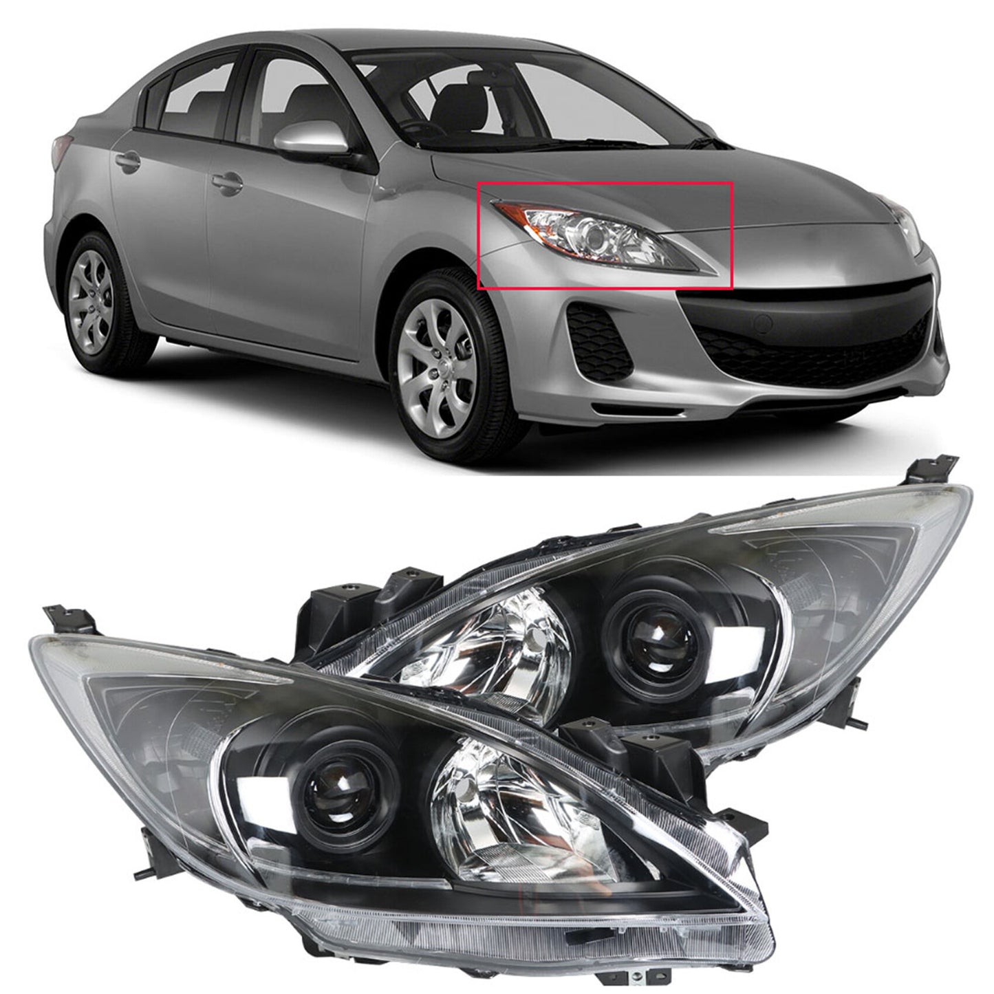 munirater MA2518130 MA2519130 Black Housing Clear Corner Projector Headlight Assembly HeadLamp Pair Replacement for 2010 2011 2012 2013 Mazda 3