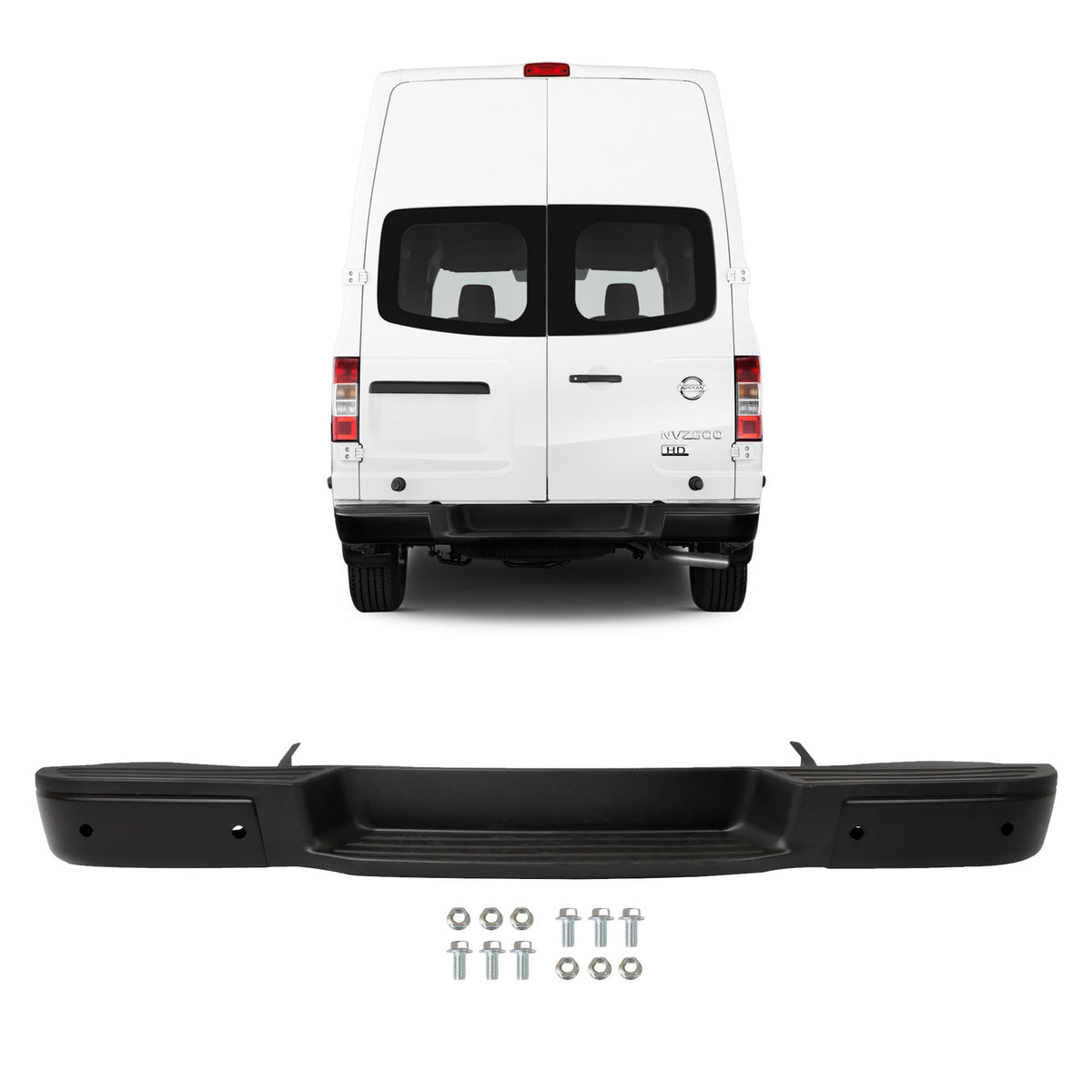 Black Rear Bumper Assembly for Nissan NV1500 / NV2500 2012-2021, with Sensor Holes, NI1102167
