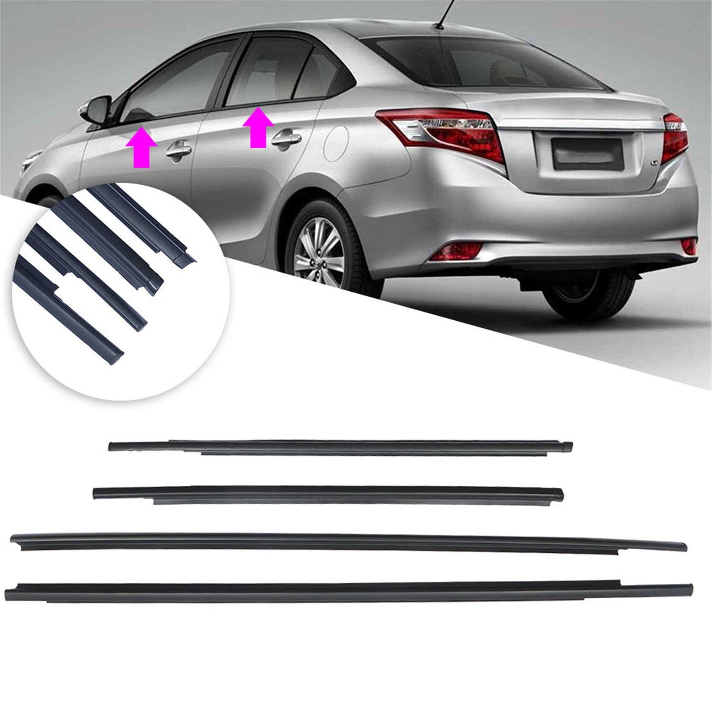 munirater Outside Window Weatherstrip 4PC Sweep Belt Seals Black Replacement for 2007-2016 Toyota Yaris Sedan