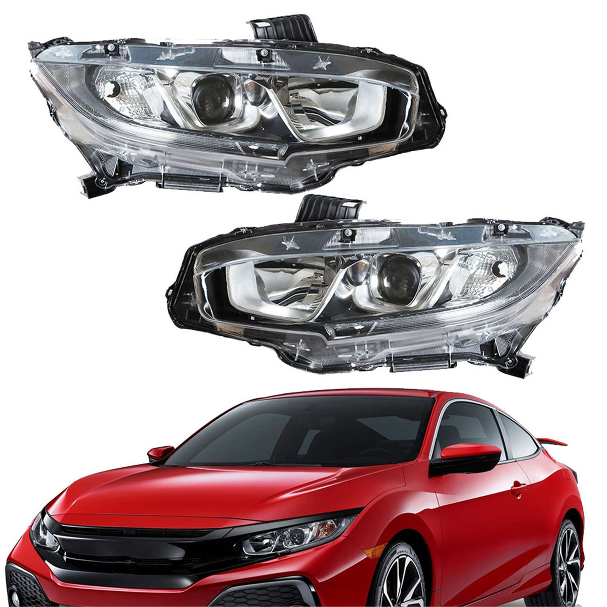 munirater Halogen Headlight For 16-20 Honda Civic 1.5/2.0L Chrome Housing Clear Lens RH&LH