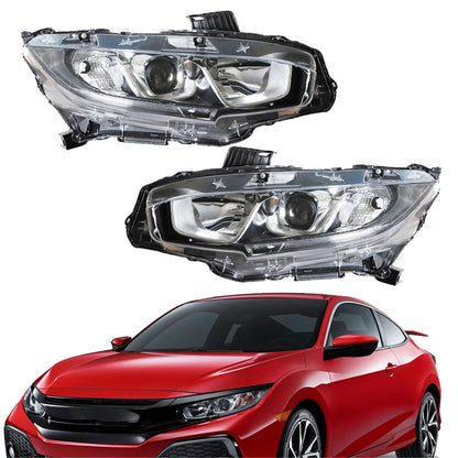munirater Halogen Headlight For 16-20 Honda Civic 1.5/2.0L Chrome Housing Clear Lens RH&LH