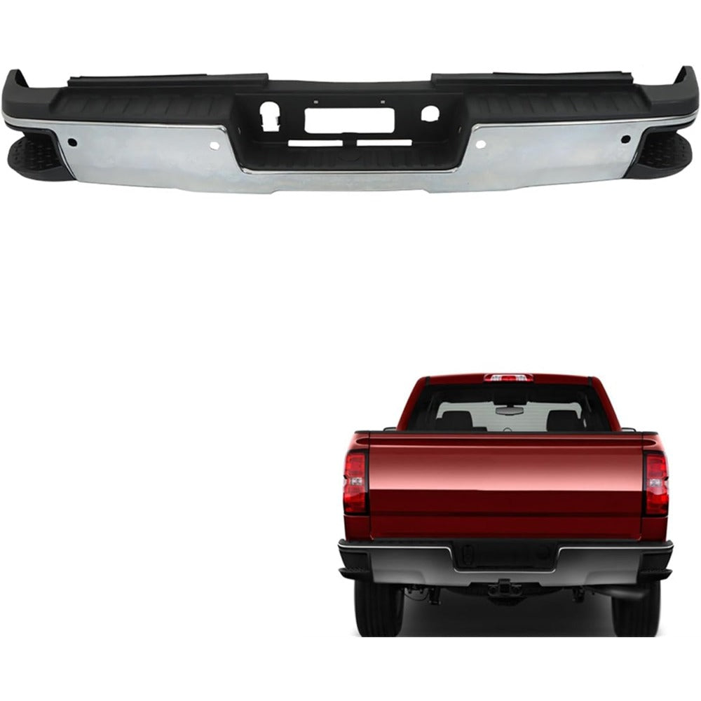 Chrome Rear Bumper for Chevrolet Silverado & GMC Sierra 2500 / 3500 2015-2019, SRW, with Sensor Holes