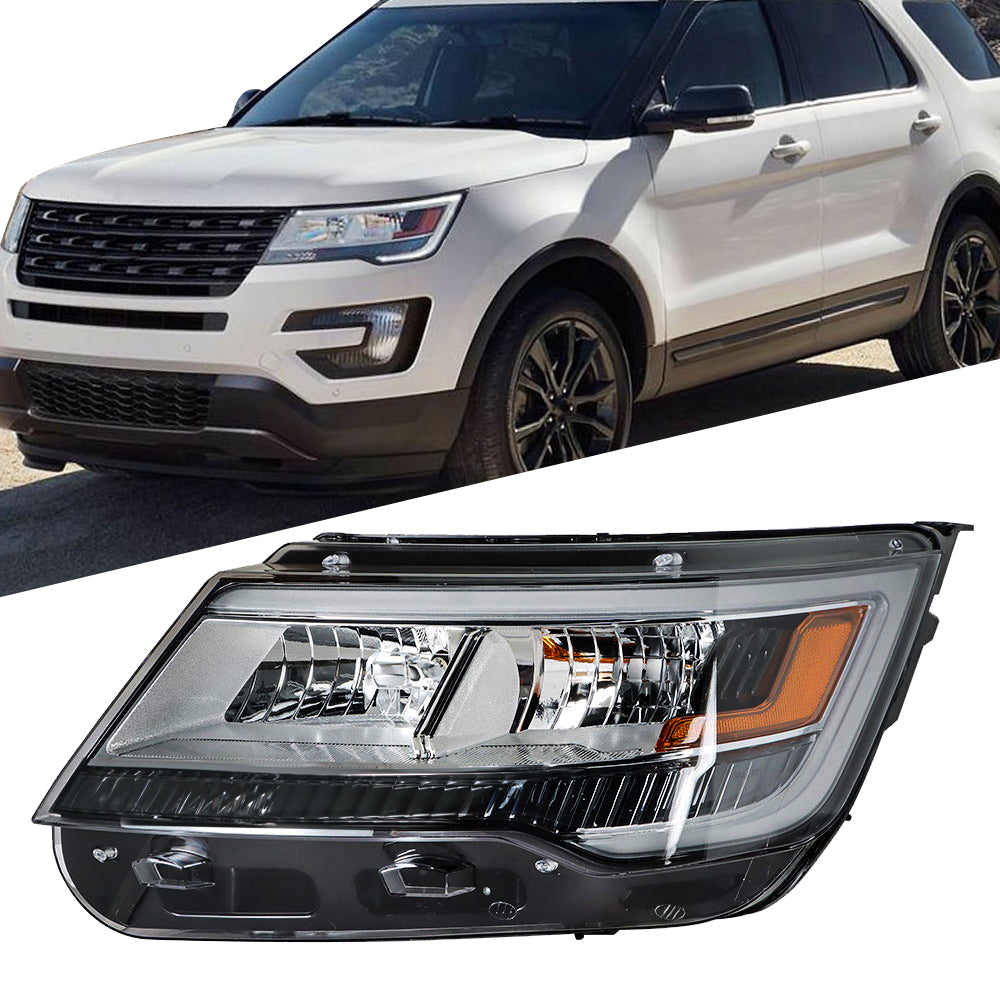 munirater Headlight For 2016-18 Ford Explorer Halogen w/ LED DRL Chrome Housing LH
