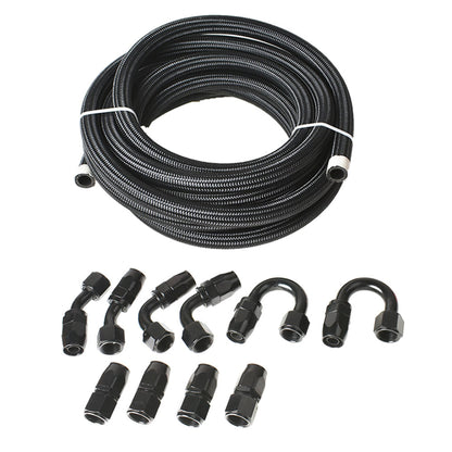 munirater 10AN 20FT Nylon Stainless Steel Braided Fuel Line with 10Pcs Swivel Hose End Fitting Kit (Black)