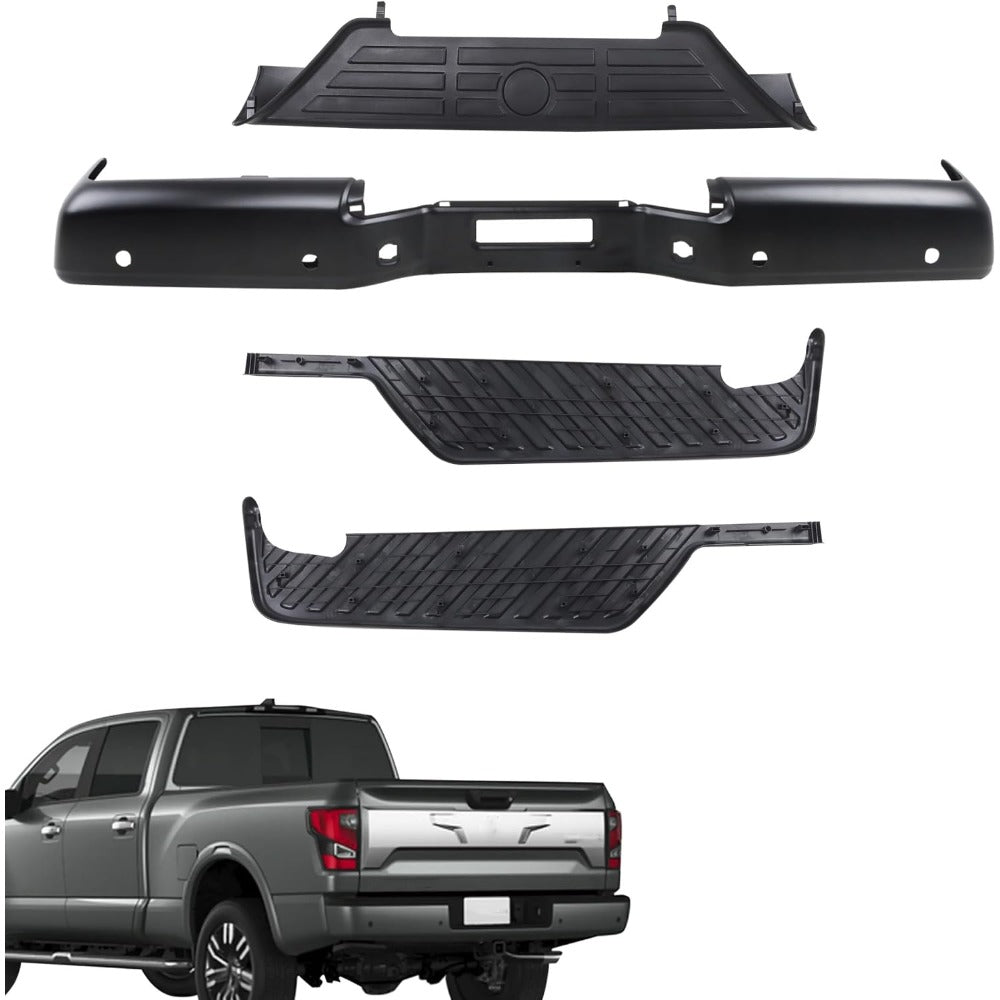 Black Rear Bumper Face Bar and 3 Step Pads for Nissan Titan XE 2007-2010 / S 2011-2015, 850309FM0G
