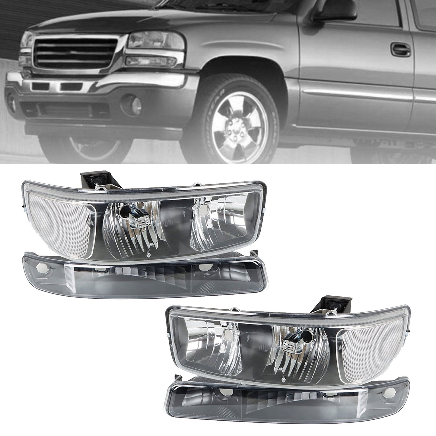 munirater Headlight For 1999-07 GMC Sierra 1500&2000-06 Yukon Black Housing RH+LH