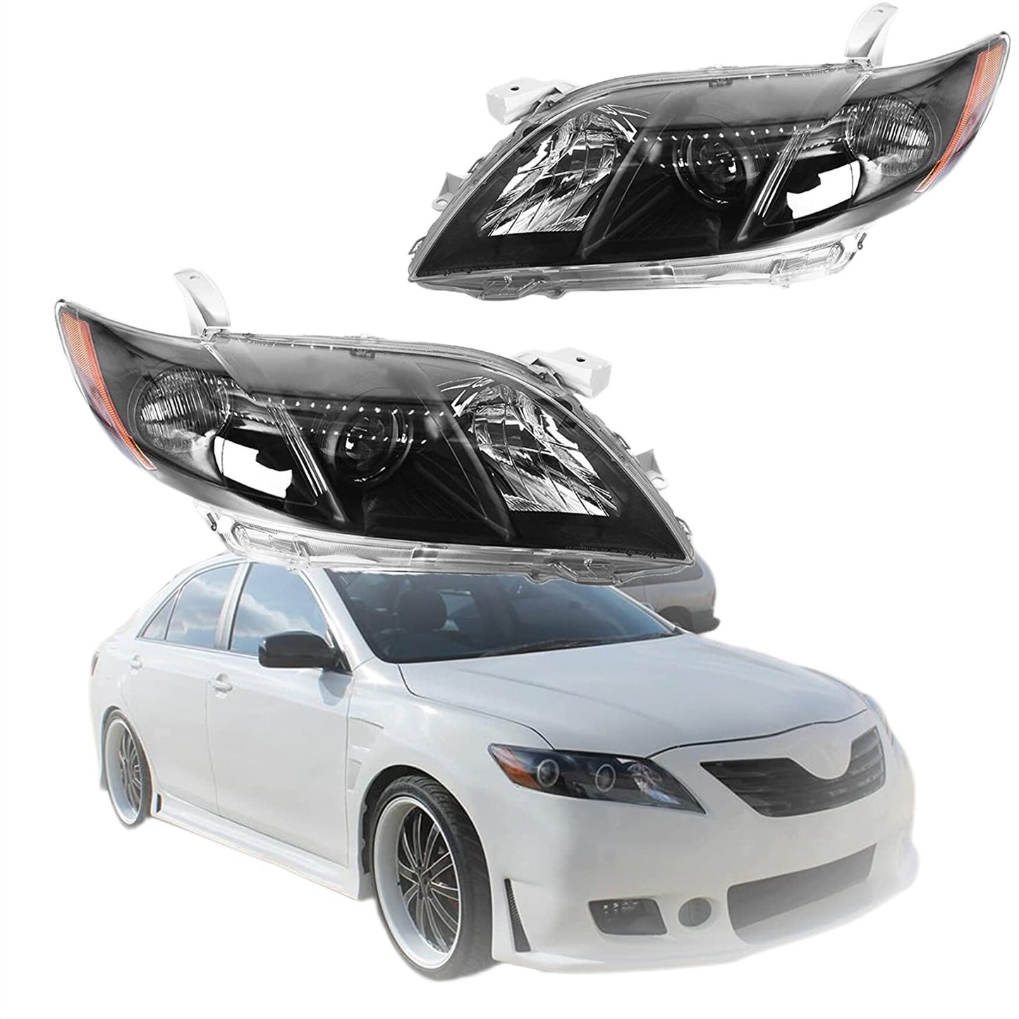 munirater Headlight For 2007-2009 Toyota Camry Projector Assembly Black Housing Right+Left