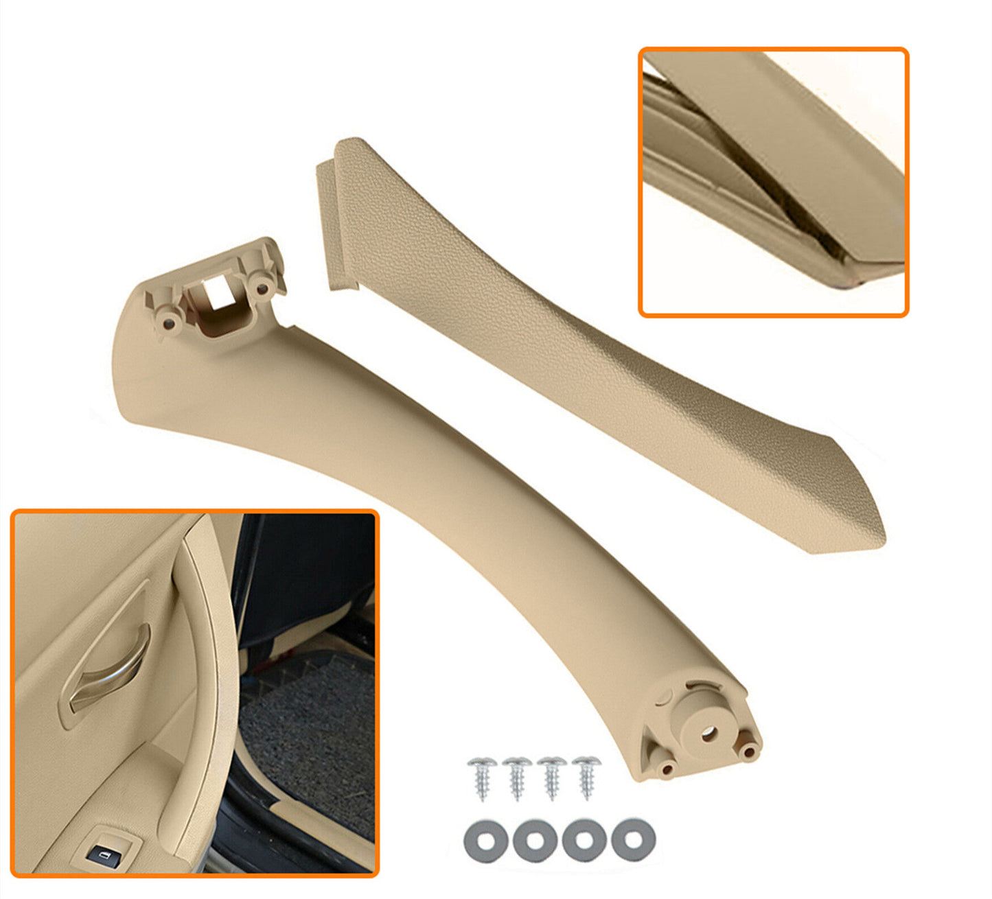 munirater Left Side Beige Inner + Outer Door Handle Pull Trim Cover with Bracket Replacement for E90 328i 51419150339