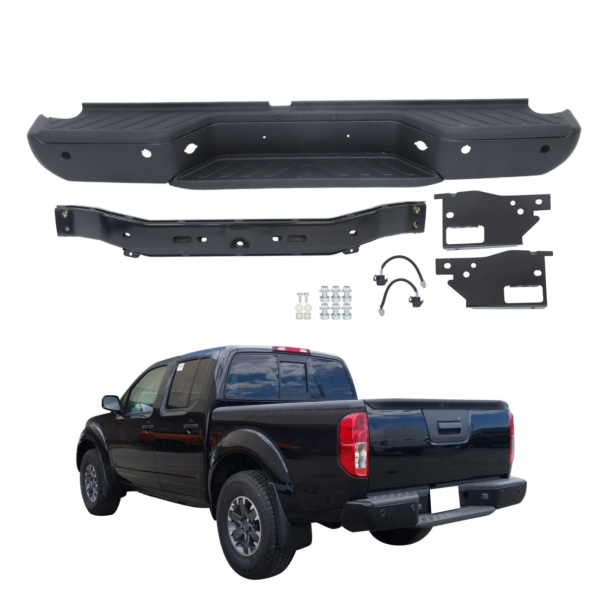 Black Rear Bumper Assembly for Nissan Frontier 2013-2021, with Sensor Holes, NI1103126