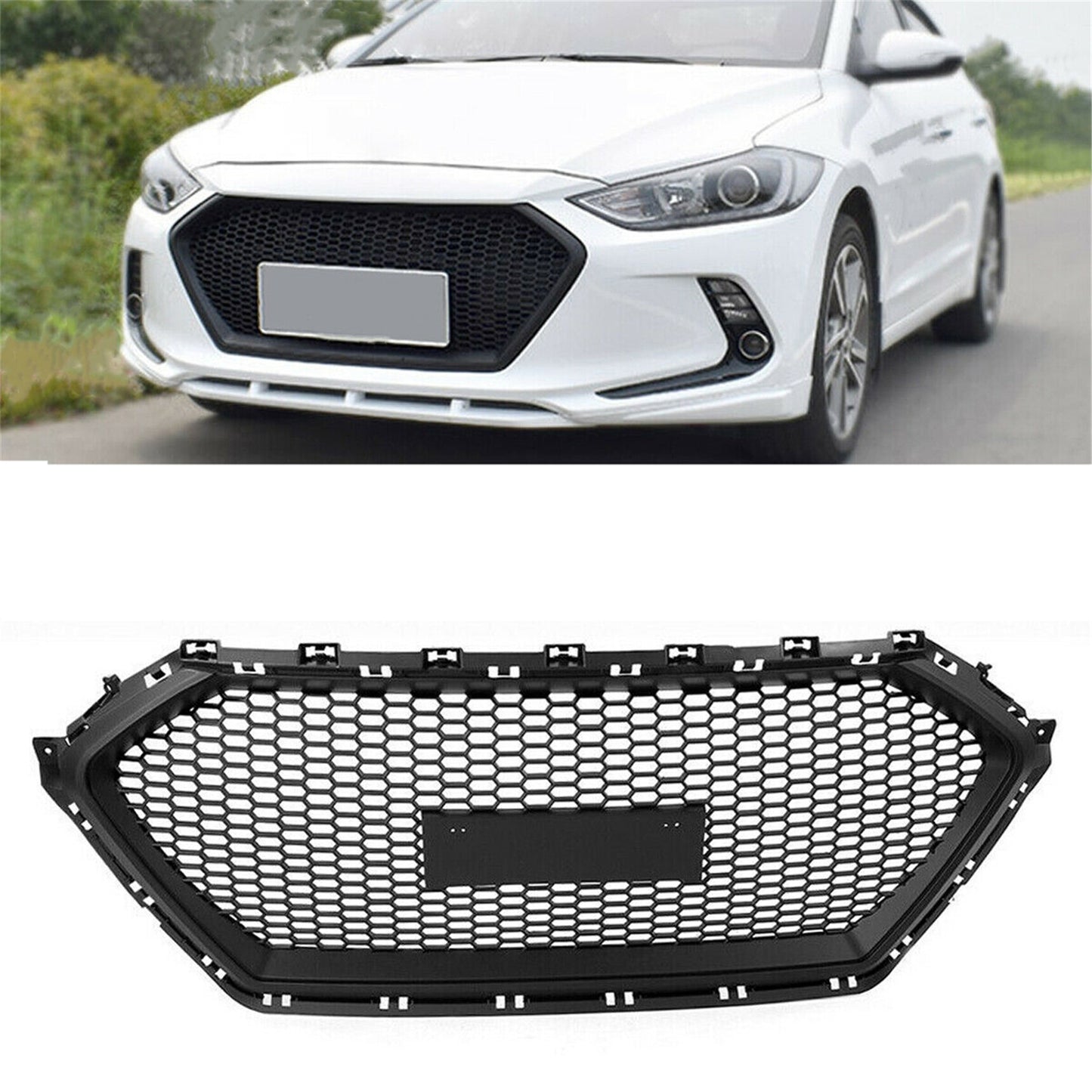 munirater Front Bumper Hood Automotive Grille Grill Black Honeycomb Replacement for 2017 2018 Elantra GL GLS L LE Limited SE SEL Sedan 4-Door