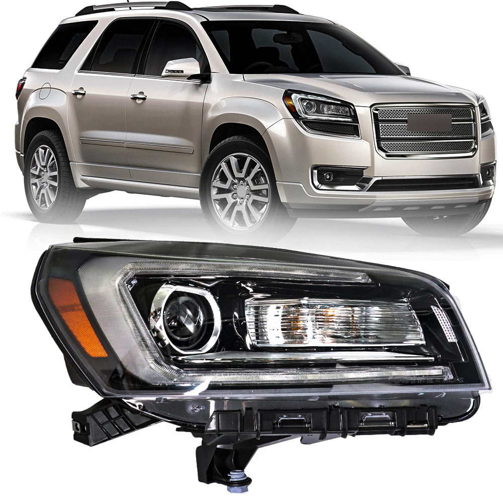 munirater Headlight For 2013-16 GMC Acadia w/ LED Tube Projector Halogen Black Right Side