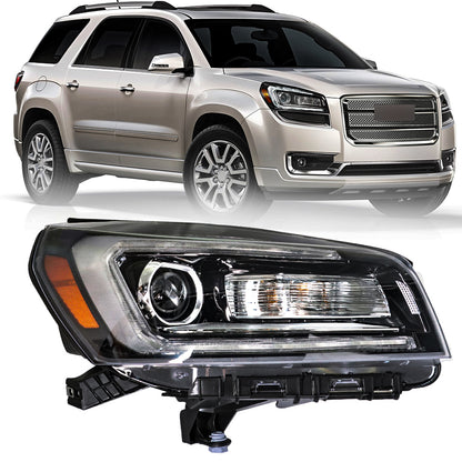 munirater Headlight For 2013-16 GMC Acadia w/ LED Tube Projector Halogen Black Right Side