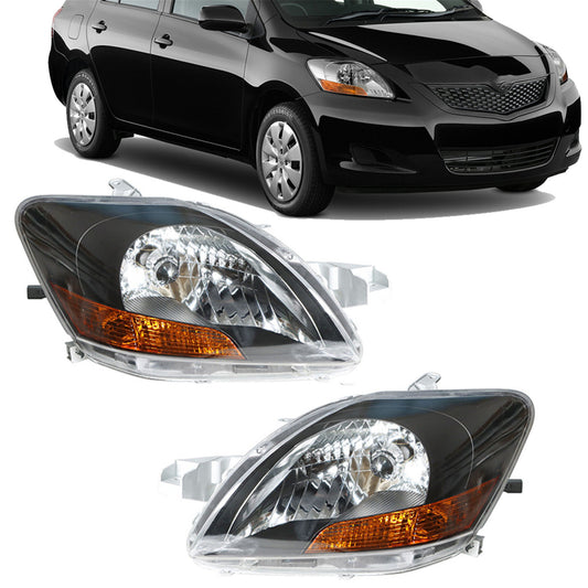 munirater Black Housing Headlights Headlamps Assembly Replacement for 2007-2011 Yaris Base Sedan 4-Door with Amber Corner Driver & Passenger Side TO2518108 TO2519108