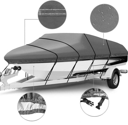 munirater 17-19Ft 210D Boat Cover Heavy Duty Trailerable with Tightening Strap Replacement for V-Hull Fishing Ski Marine Boat Protective Grey