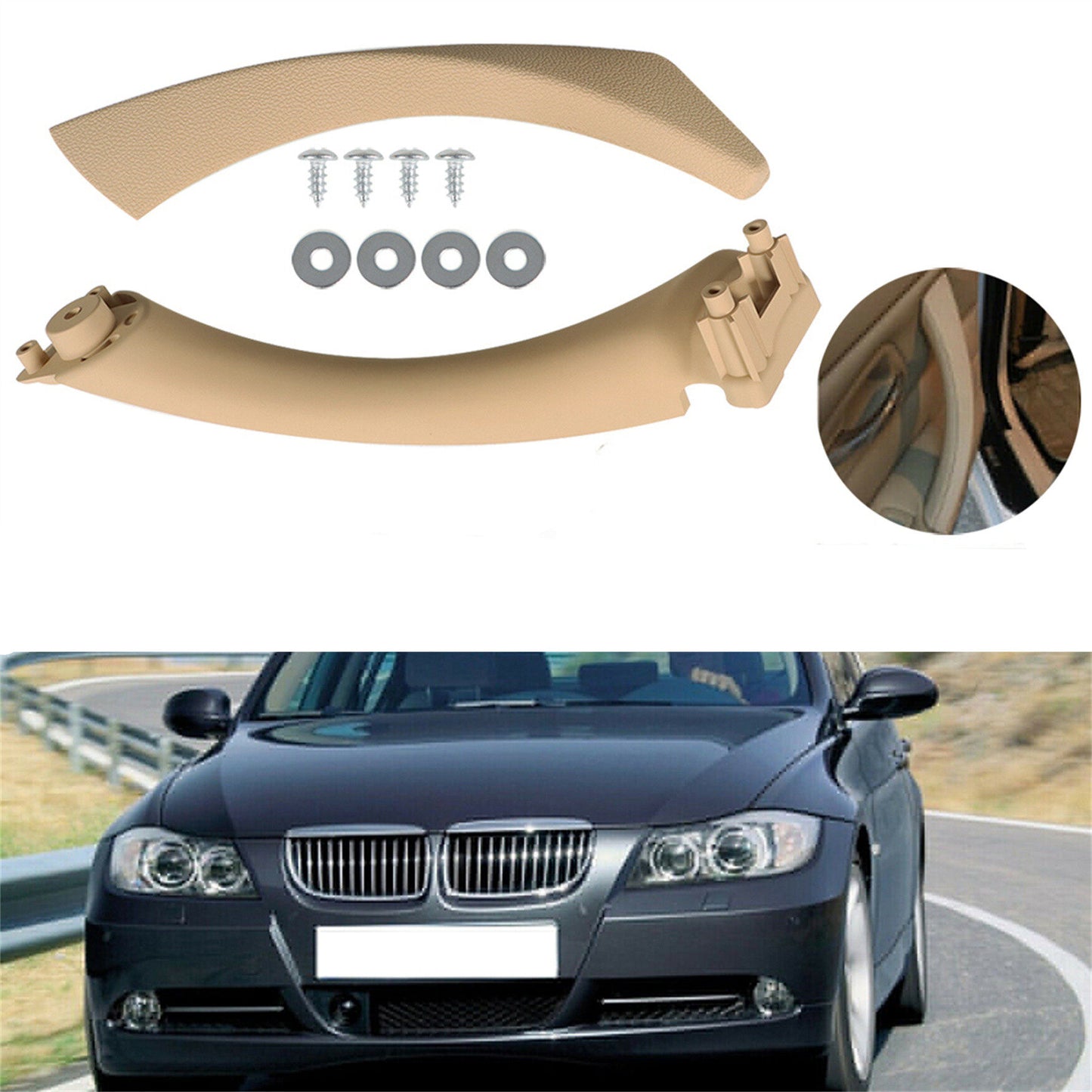 munirater Left Side Beige Inner + Outer Door Handle Pull Trim Cover with Bracket Replacement for E90 328i 51419150339