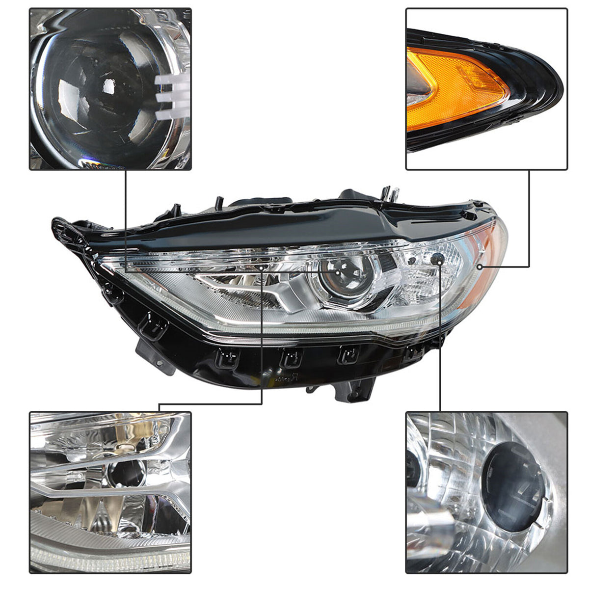 munirater Driver and Passenger Side Halogen Projector Headlight Headlamp Assembly w/LED DRL Amber Corner Replacement for 2017-2019 Fusion (Pack of 2)