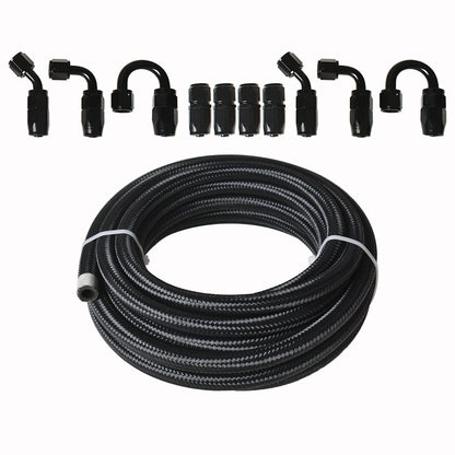 munirater 6AN 20FT Fuel Line Hose Kit Nylon Stainless Steel Braided Fuel Line with 10Pcs Swivel Fuel Hose Fitting Adapter Kit (Black)