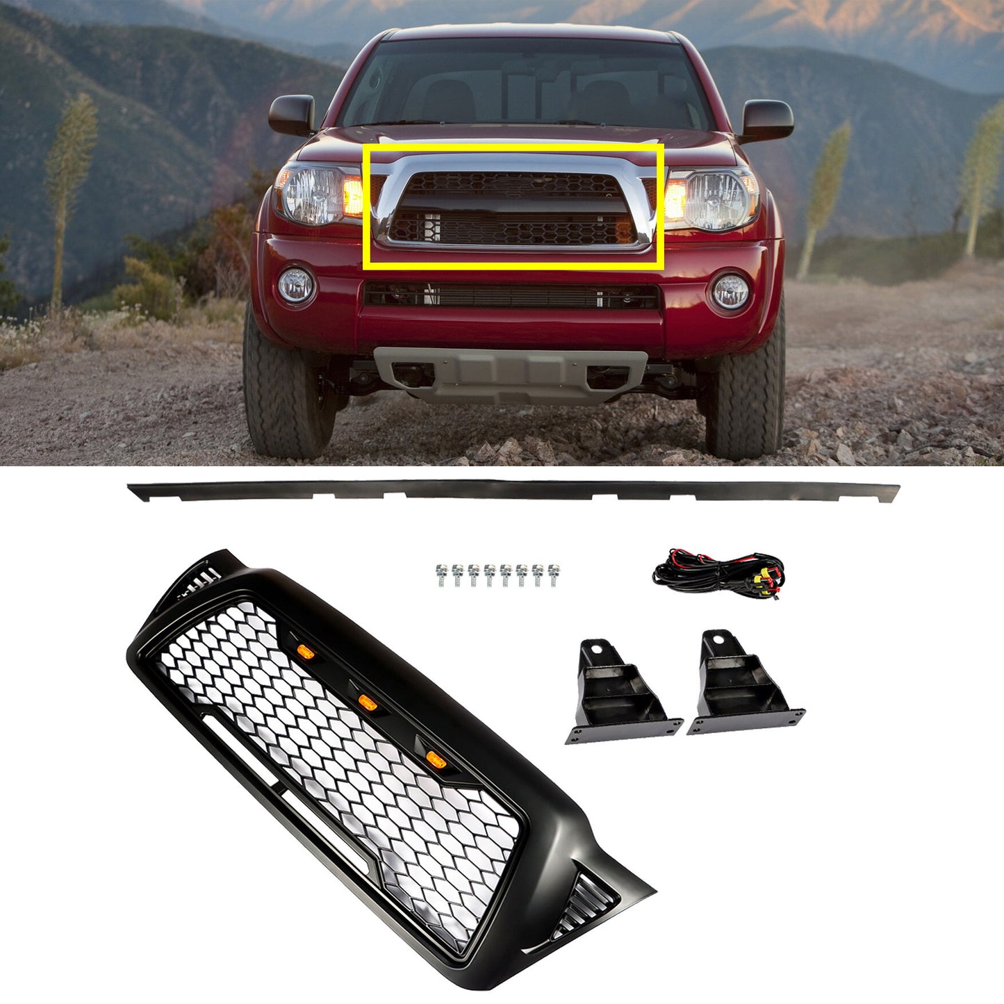 munirater Front Bumper Grille with Amber LED Light Black Replacement for 2005 2006 2007 2008 2009 2010 2011 Tacoma