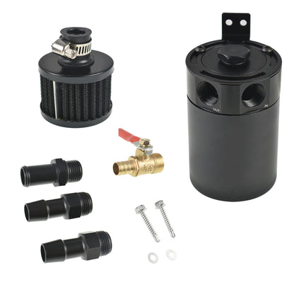 munirater Universal 2-Port Baffled Reservoir Aluminum Oil Catch Can Tank Kit with Drain Valve Breather 5oz Capacity