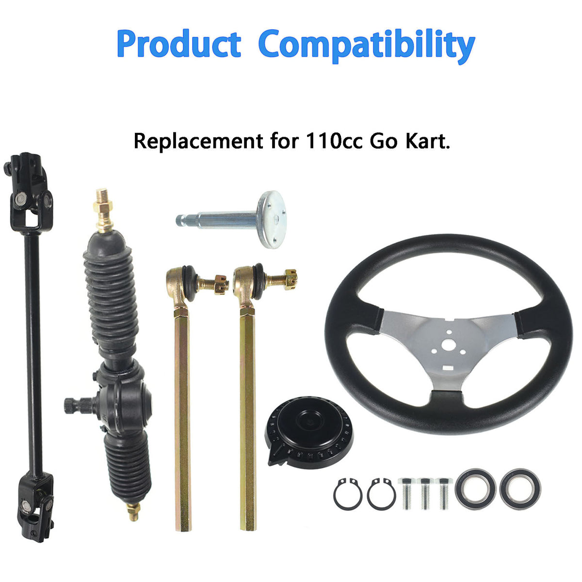 munirater 300mm Steering Wheel Steel Kit 320mm Gear Rack Pinion Adjustable Shaft Set Replacement for 110CC Go Kart