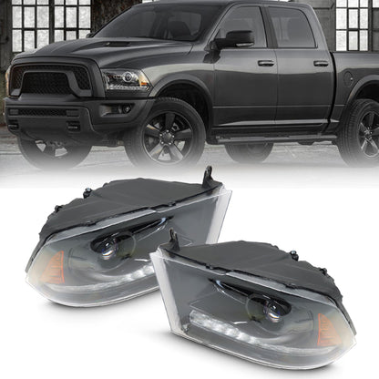 munirater Headlight w/LED DRL For 2009-2018 Dodge Ram 1500-3500 Black Housing Left+Right