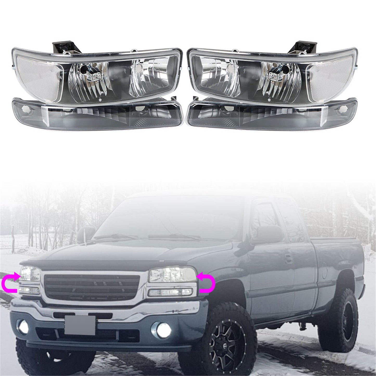 munirater Headlight For 1999-07 GMC Sierra 1500&2000-06 Yukon Black Housing RH+LH