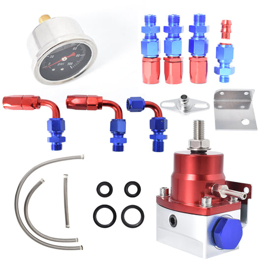 munirater Universal Adjustable Fuel Pressure Regulator Kit Aluminum with 0-100 Psi Pressure Gauge AN-6 Fuel Line Hose Fitting Connectors Kit Blue & Red