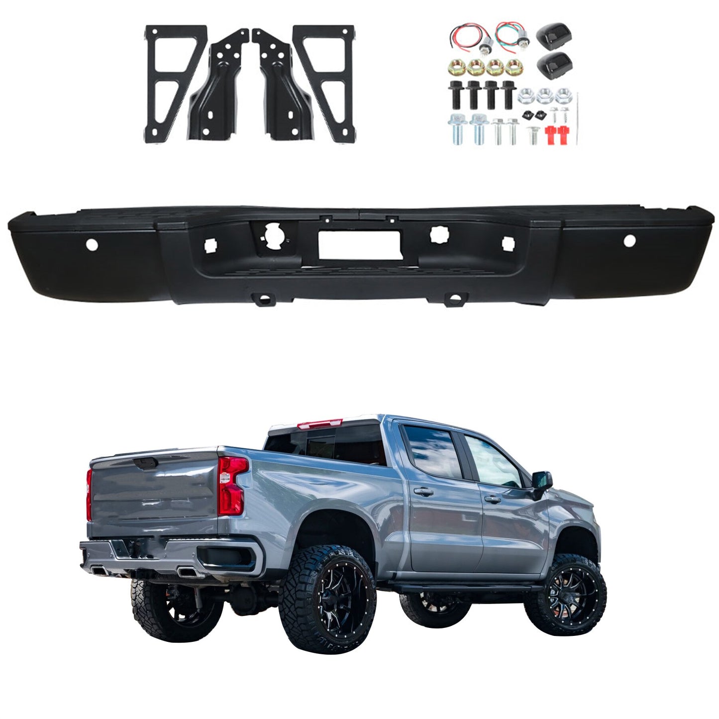 munirater Black Rear Step Bumper Steel with Object Sensor Replacement for 2007-2013 Silverado Sierra 1500 723650580769