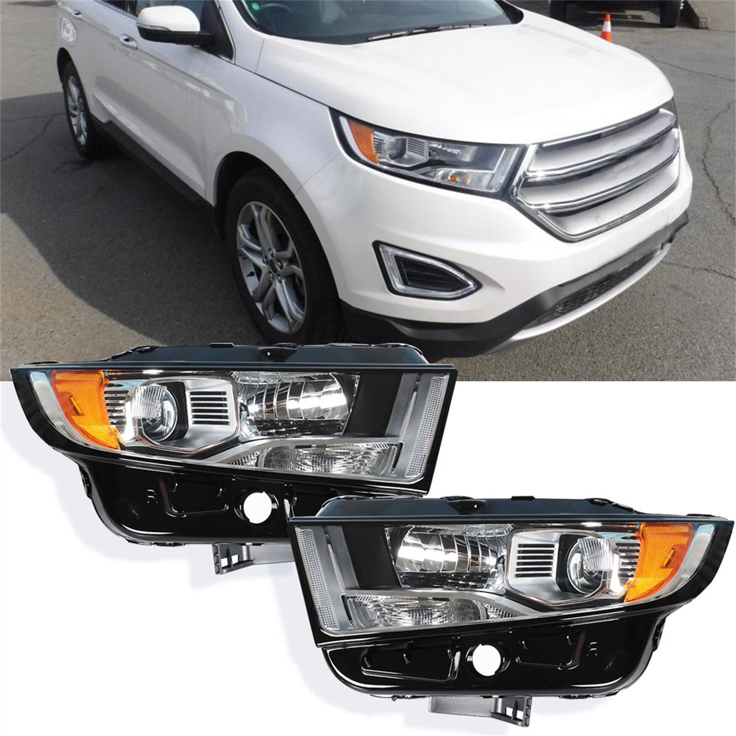 munirater Right&Left Headlights For 2015-2018 Ford Edge Chrome Halogen Headlamps