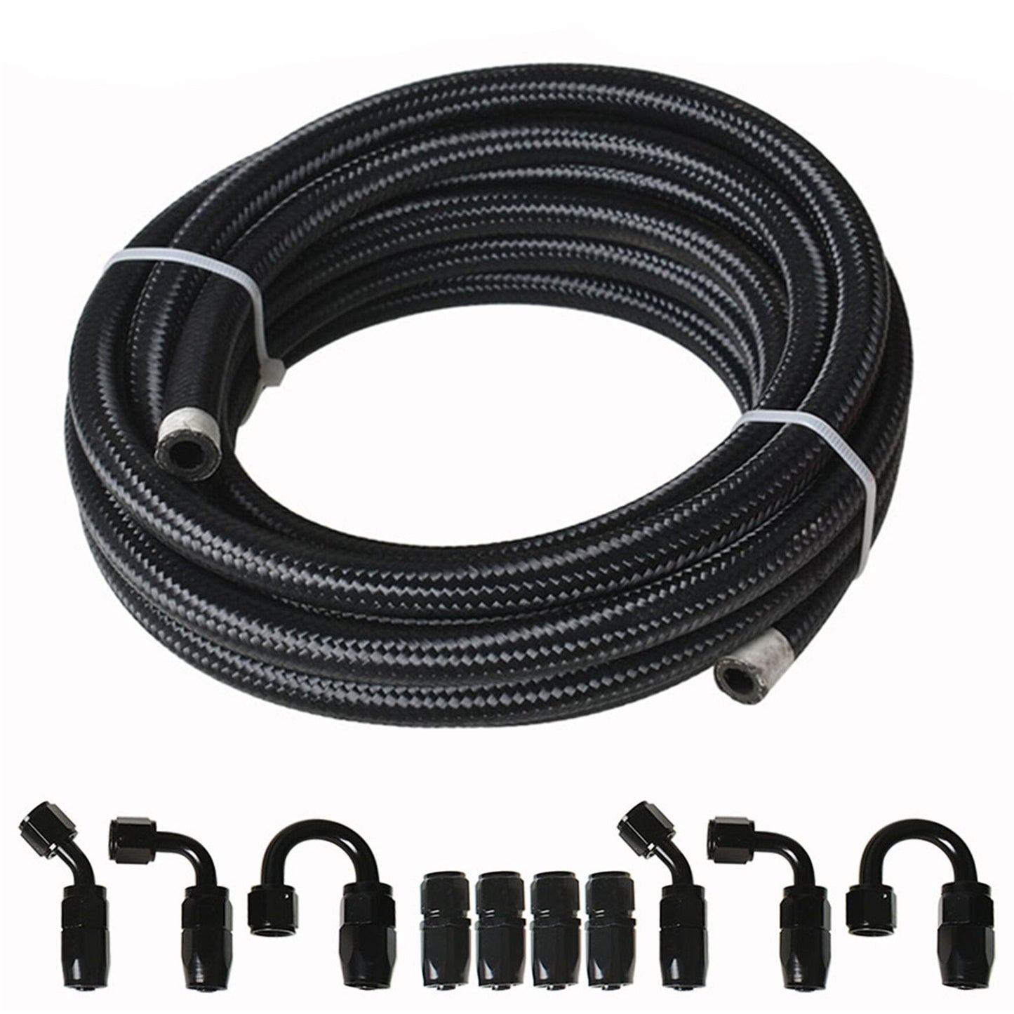 munirater 4AN 20FT Nylon Stainless Steel Braided Fuel Line with 10PCS Swivel Hose End Fitting Kit (Blcak)