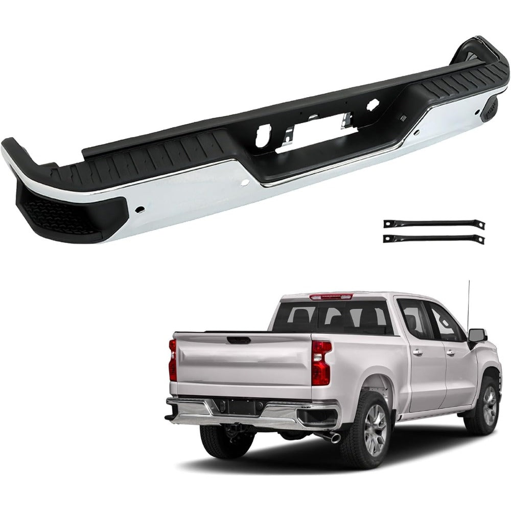 Chrome Rear Bumper Assembly for Chevrolet Silverado 1500 & GMC Sierra 1500 2019-2023, with Sensor Holes
