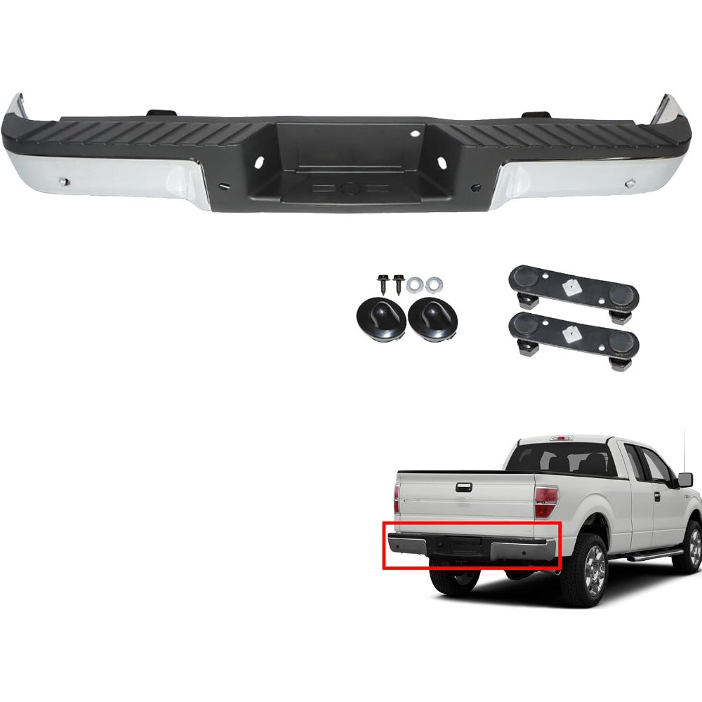 Chrome Rear Step Bumper Assembly for Ford F-150 2009-2014, with Sensor Holes