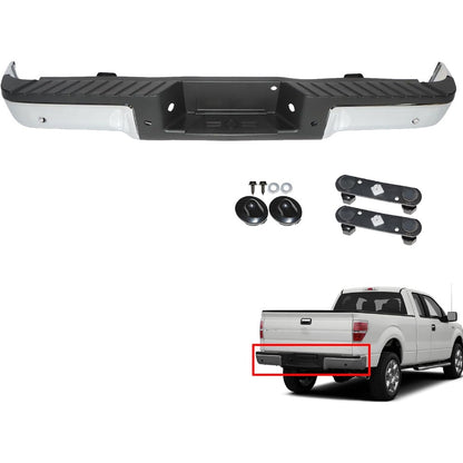 Chrome Rear Step Bumper Assembly for Ford F-150 2009-2014, with Sensor Holes