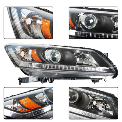 Black Housing Projector Headlight Assembly Passenger Side Replacement for 2013-2015 Honda Accord 4-Door Sedan Halogen Headlight Headlamp